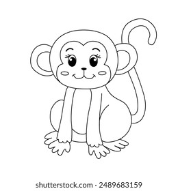 Cute Monkey Cartoon. Monkey Coloring Page. Animal outline for monkey. Monkey Cartoon Character Outline for Coloring. Jungle wild animals baby little monkeys. 