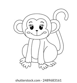 Netter Affen-Cartoon. In: Monkey Coloring Page. Tierumrisse für Affen. Monkey Cartoon Charakter Outline für Färbung. Dschungel wilde Tiere Baby kleine Affen. 