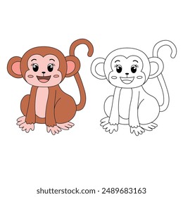 Cute Monkey Cartoon. Monkey Coloring Page. Animal outline for monkey. Monkey Cartoon Character Outline for Coloring. Jungle wild animals baby little monkeys. 