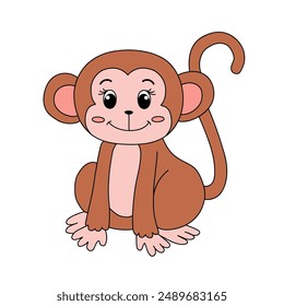 Cute Monkey Cartoon. Monkey Coloring Page. Animal outline for monkey. Monkey Cartoon Character Outline for Coloring. Jungle wild animals baby little monkeys. 