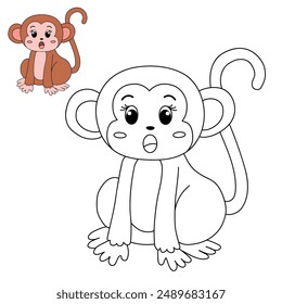 Cute Monkey Cartoon. Monkey Coloring Page. Animal outline for monkey. Monkey Cartoon Character Outline for Coloring. Jungle wild animals baby little monkeys. 