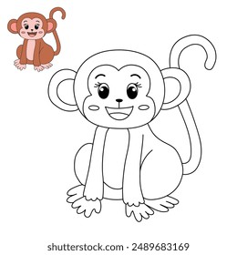 Cute Monkey Cartoon. Monkey Coloring Page. Animal outline for monkey. Monkey Cartoon Character Outline for Coloring. Jungle wild animals baby little monkeys. 