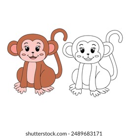 Cute Monkey Cartoon. Monkey Coloring Page. Animal outline for monkey. Monkey Cartoon Character Outline for Coloring. Jungle wild animals baby little monkeys. 