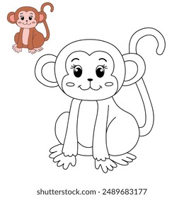 Cute Monkey Cartoon. Monkey Coloring Page. Animal outline for monkey. Monkey Cartoon Character Outline for Coloring. Jungle wild animals baby little monkeys. 