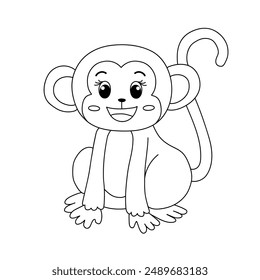 Cute Monkey Cartoon. Monkey Coloring Page. Animal outline for monkey. Monkey Cartoon Character Outline for Coloring. Jungle wild animals baby little monkeys. 