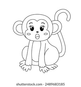 Cute Monkey Cartoon. Monkey Coloring Page. Animal outline for monkey. Monkey Cartoon Character Outline for Coloring. Jungle wild animals baby little monkeys. 