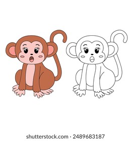 Cute Monkey Cartoon. Monkey Coloring Page. Animal outline for monkey. Monkey Cartoon Character Outline for Coloring. Jungle wild animals baby little monkeys. 