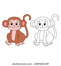 Netter Affen-Cartoon. In: Monkey Coloring Page. Tierumrisse für Affen. Monkey Cartoon Charakter Outline für Färbung. Dschungel wilde Tiere Baby kleine Affen. 