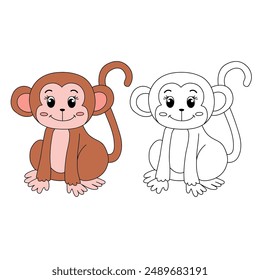 Cute Monkey Cartoon. Monkey Coloring Page. Animal outline for monkey. Monkey Cartoon Character Outline for Coloring. Jungle wild animals baby little monkeys. 