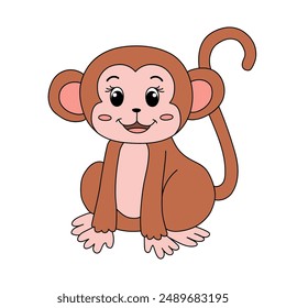 Cute Monkey Cartoon. Monkey Coloring Page. Animal outline for monkey. Monkey Cartoon Character Outline for Coloring. Jungle wild animals baby little monkeys. 