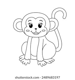 Cute Monkey Cartoon. Monkey Coloring Page. Animal outline for monkey. Monkey Cartoon Character Outline for Coloring. Jungle wild animals baby little monkeys. 