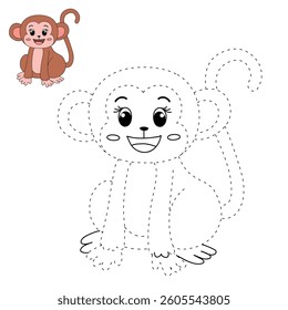 Cute monkey cartoon. Monkey coloring page. Trace and color Monkey. Jungle wild animals monkey coloring pages worksheets printable for kids, Kindergarten and preschool  activity.