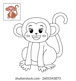 Cute monkey cartoon. Monkey coloring page. Trace and color Monkey. Jungle wild animals monkey coloring pages worksheets printable for kids, Kindergarten and preschool  activity.