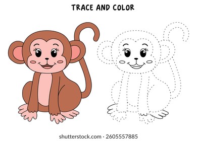 Cute Monkey Cartoon. Monkey Coloring Page. Trace and color Monkey. Jungle wild animals monkey coloring pages worksheets printable for kids, Kindergarten and preschool  activity.