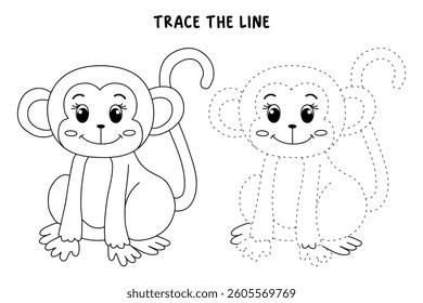 Cute Monkey Cartoon. Monkey Coloring Page. Trace and color Monkey. Jungle wild animals monkey coloring pages worksheets printable for kids, Kindergarten and preschool  activity.