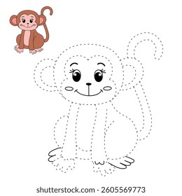 Cute Monkey Cartoon. Monkey Coloring Page. Trace and color Monkey. Jungle wild animals monkey coloring pages worksheets printable for kids, Kindergarten and preschool  activity.