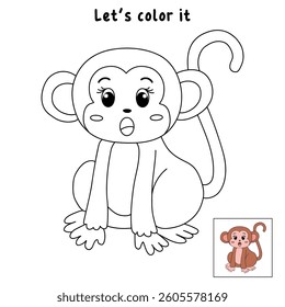 Cute Monkey Cartoon. Monkey Coloring Page. Trace and color Monkey. Jungle wild animals monkey coloring pages worksheets printable for kids, Kindergarten and preschool  activity.
