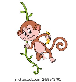 Cute Monkey Cartoon. Monkey Coloring Pages. Animal outline for monkey. Monkey Cartoon Character Outline for Coloring. Jungle wild animals baby little monkeys. 