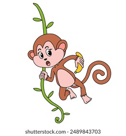 Cute Monkey Cartoon. Monkey Coloring Pages. Animal outline for monkey. Monkey Cartoon Character Outline for Coloring. Jungle wild animals baby little monkeys. 