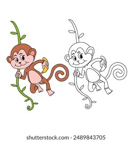 Cute Monkey Cartoon. Monkey Coloring Pages. Animal outline for monkey. Monkey Cartoon Character Outline for Coloring. Jungle wild animals baby little monkeys. 