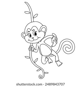 Cute Monkey Cartoon. Monkey Coloring Pages. Animal outline for monkey. Monkey Cartoon Character Outline for Coloring. Jungle wild animals baby little monkeys. 