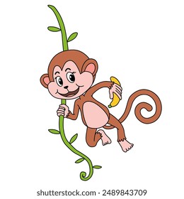 Cute Monkey Cartoon. Monkey Coloring Pages. Animal outline for monkey. Monkey Cartoon Character Outline for Coloring. Jungle wild animals baby little monkeys. 