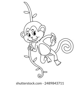 Cute Monkey Cartoon. Monkey Coloring Pages. Animal outline for monkey. Monkey Cartoon Character Outline for Coloring. Jungle wild animals baby little monkeys. 