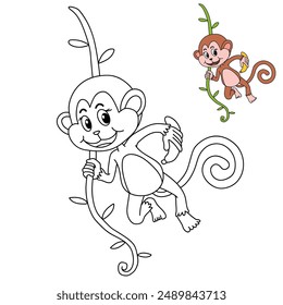 Cute Monkey Cartoon. Monkey Coloring Pages. Animal outline for monkey. Monkey Cartoon Character Outline for Coloring. Jungle wild animals baby little monkeys. 