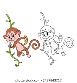 Cute Monkey Cartoon. Monkey Coloring Pages. Animal outline for monkey. Monkey Cartoon Character Outline for Coloring. Jungle wild animals baby little monkeys. 