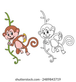 Netter Affen-Cartoon. Monkey Malvorlagen. Tierumrisse für Affen. Monkey Cartoon Charakter Outline für Färbung. Dschungel wilde Tiere Baby kleine Affen. 