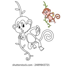 Cute Monkey Cartoon. Monkey Coloring Pages. Animal outline for monkey. Monkey Cartoon Character Outline for Coloring. Jungle wild animals baby little monkeys. 