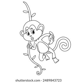 Cute Monkey Cartoon. Monkey Coloring Pages. Animal outline for monkey. Monkey Cartoon Character Outline for Coloring. Jungle wild animals baby little monkeys. 