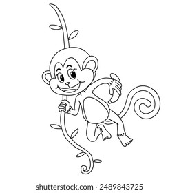 Cute Monkey Cartoon. Monkey Coloring Pages. Animal outline for monkey. Monkey Cartoon Character Outline for Coloring. Jungle wild animals baby little monkeys. 