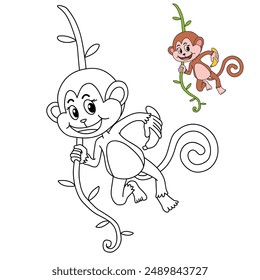 Cute Monkey Cartoon. Monkey Coloring Pages. Animal outline for monkey. Monkey Cartoon Character Outline for Coloring. Jungle wild animals baby little monkeys. 