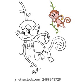 Cute Monkey Cartoon. Monkey Coloring Pages. Animal outline for monkey. Monkey Cartoon Character Outline for Coloring. Jungle wild animals baby little monkeys. 