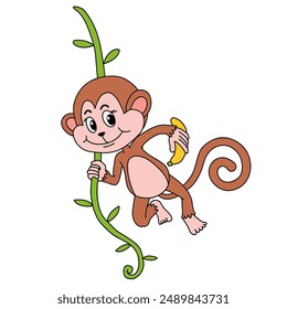 Cute Monkey Cartoon. Monkey Coloring Pages. Animal outline for monkey. Monkey Cartoon Character Outline for Coloring. Jungle wild animals baby little monkeys. 