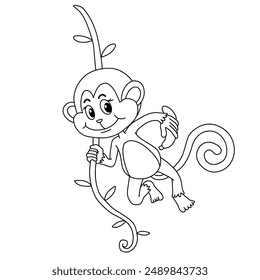 Cute Monkey Cartoon. Monkey Coloring Pages. Animal outline for monkey. Monkey Cartoon Character Outline for Coloring. Jungle wild animals baby little monkeys. 