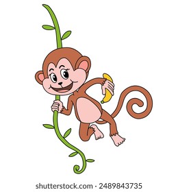 Cute Monkey Cartoon. Monkey Coloring Pages. Animal outline for monkey. Monkey Cartoon Character Outline for Coloring. Jungle wild animals baby little monkeys. 