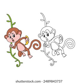 Cute Monkey Cartoon. Monkey Coloring Pages. Animal outline for monkey. Monkey Cartoon Character Outline for Coloring. Jungle wild animals baby little monkeys. 