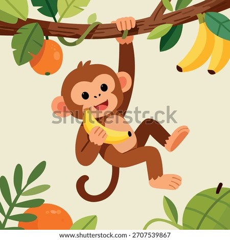 Cute Monkey cartoon doodle illustration. A Monkey hanging on the branch while holding a banana with smile happy face. Monkey Day vector, celebration full of playful energy and fun