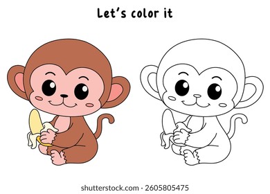 Cute monkey cartoon. Cute monkey eats banana  coloring pages. Trace and color monkey. Jungle wild animals monkey coloring pages worksheets printable for kids, Kindergarten and preschool activity.