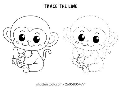 Cute monkey cartoon. Cute monkey eats banana  coloring pages. Trace and color monkey. Jungle wild animals monkey coloring pages worksheets printable for kids, Kindergarten and preschool activity.