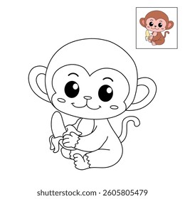 Cute monkey cartoon. Cute monkey eats banana  coloring pages. Trace and color monkey. Jungle wild animals monkey coloring pages worksheets printable for kids, Kindergarten and preschool activity.