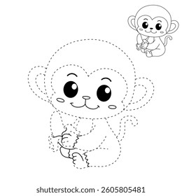 Cute monkey cartoon. Cute monkey eats banana  coloring pages. Trace and color monkey. Jungle wild animals monkey coloring pages worksheets printable for kids, Kindergarten and preschool activity.