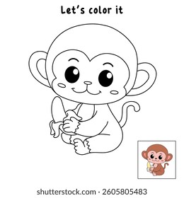 Cute monkey cartoon. Cute monkey eats banana  coloring pages. Trace and color monkey. Jungle wild animals monkey coloring pages worksheets printable for kids, Kindergarten and preschool activity.