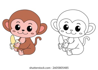 Cute monkey cartoon. Cute monkey eats banana  coloring pages. Trace and color monkey. Jungle wild animals monkey coloring pages worksheets printable for kids, Kindergarten and preschool activity.
