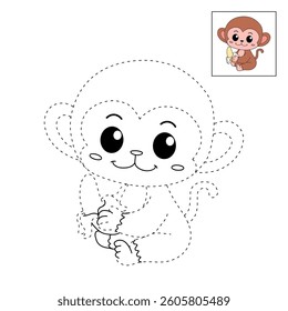 Cute monkey cartoon. Cute monkey eats banana  coloring pages. Trace and color monkey. Jungle wild animals monkey coloring pages worksheets printable for kids, Kindergarten and preschool activity.