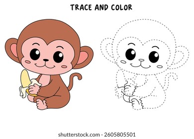 Cute monkey cartoon. Cute monkey eats banana  coloring pages. Trace and color monkey. Jungle wild animals monkey coloring pages worksheets printable for kids, Kindergarten and preschool activity.