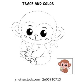 Cute monkey cartoon. Cute monkey eats banana  coloring pages. Trace and color monkey. Jungle wild animals monkey coloring pages worksheets printable for kids, Kindergarten and preschool activity.