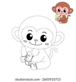 Cute monkey cartoon. Cute monkey eats banana  coloring pages. Trace and color monkey. Jungle wild animals monkey coloring pages worksheets printable for kids, Kindergarten and preschool activity.